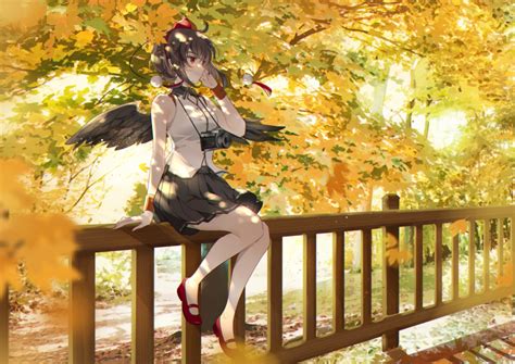 Safebooru 1girl Adapted Costume Ahoge Autumn Autumn Leaves Backlighting Bare Shoulders Bird