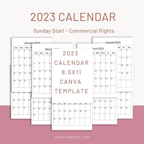 Editable 2023 Calendar Canva Template Blank Monthly Etsy