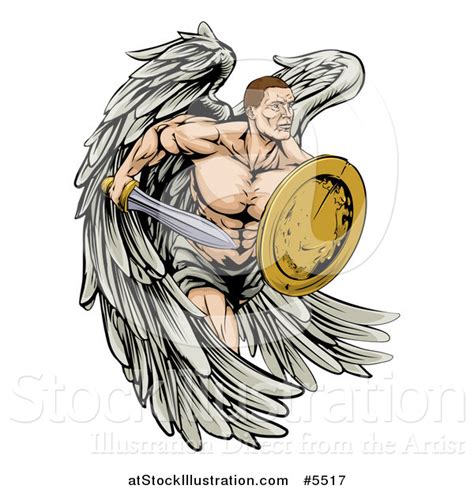 Vector Illustration Of A Muscular Warrior Angel With A Sword And Shield