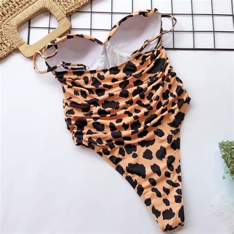 Cheap Women High Leg Cut Swimming Suit For Women Leopard Print Solid Swimsuit Padded Push Up