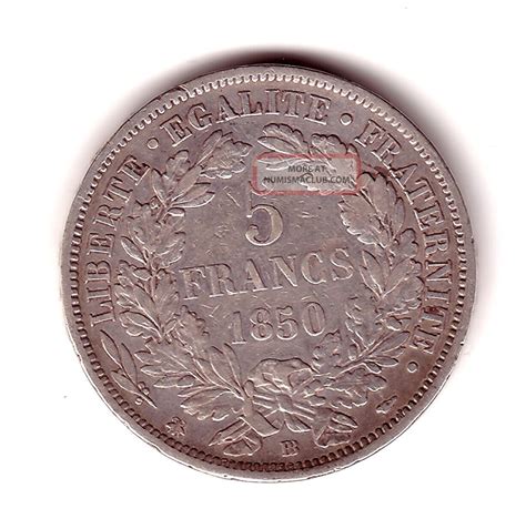 French Coin 5 Francs Silver Cérès 1850 Strasbourg Grade Vf