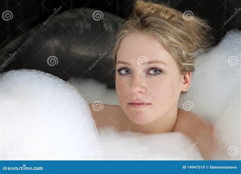 Serious Woman Enjoys The Bath Foam In The Bathtub Stock Photo Image Of Relax Treatment