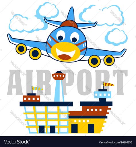 Funny Airplane Cartoon Landing In Airport Vector Image