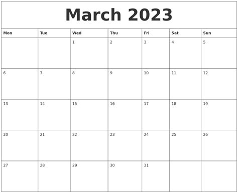 March 2023 Month Calendar Template