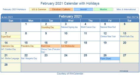 Includes 2021 observances, fun facts & religious holidays: Print Friendly February 2021 US Calendar for printing