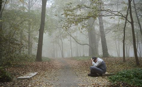 Sad Man Sitting In The Forest Stock Image Image Of Lonely Tranquil