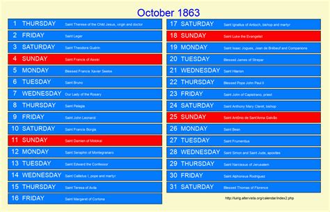 October 1863 Roman Catholic Saints Calendar