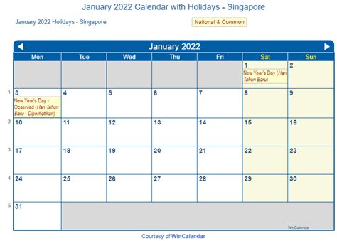 Print Friendly January 2022 Singapore Calendar For Printing