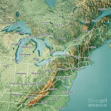 North East Region USA 3D Render Topographic Map Color Border Cit