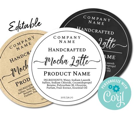 Three Round Labels With The Words Handcrafted Product Name And Company