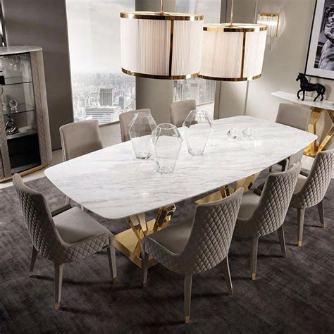 Luxury 8 Seater Rectangle Stainless Steel Base Marble Dining Table