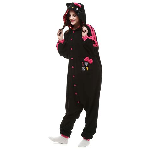 Perfect for pajamas or a costume party! Black KT Cat Kigurumi Costume Unisex Fleece Pajamas Onesie ...