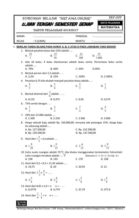 Soal Matematika Kelas 6 Sd Semester 1 Homecare24