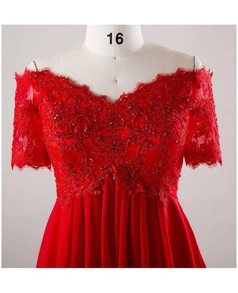 plus size red sequin lace off shoulder empire long formal dress with sleeves mn017