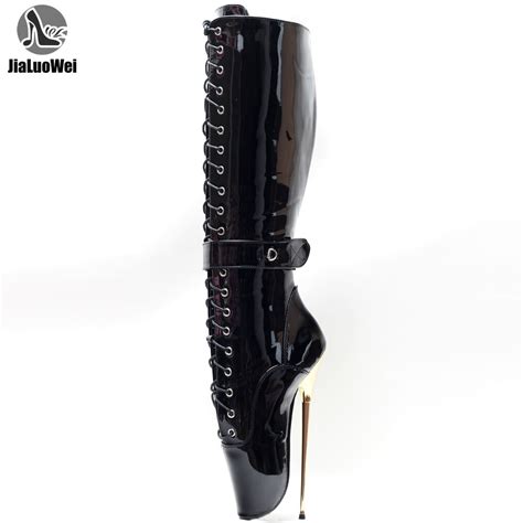 JIALUOWEI CM Hohe Ferse Extreme Fetisch Goth Ballett Laceup Schwarz Pvc Stiefel Knee High