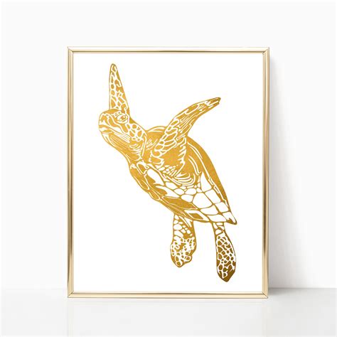 Nautical Sea Turtle Decor Gold Foil Print Sea Turtle Art Etsy