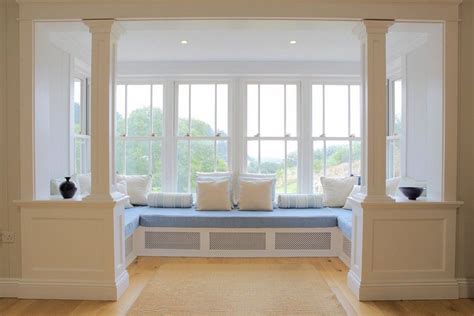 Glamorous Beautiful White And Soft Blue Bay Window Seating Ideas With
