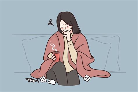 Cold Flu Severe Cough Concept Young Sick Unhappy Woman Cartoon Character Sitting On Sofa Ay
