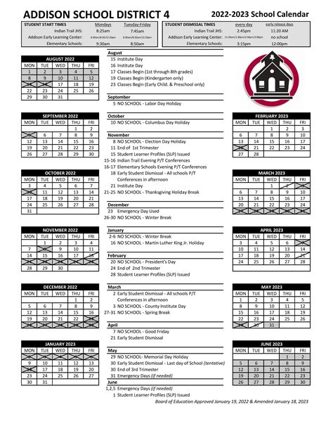 Calendar District Addison School District 4