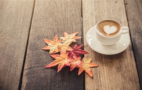Wallpaper Autumn Leaves Love Heart Coffee Cup Love