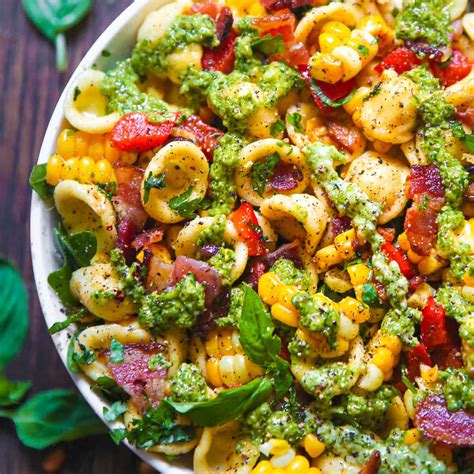 Corn Pasta Salad With Bacon And Creamy Pesto Dressing Julias Album