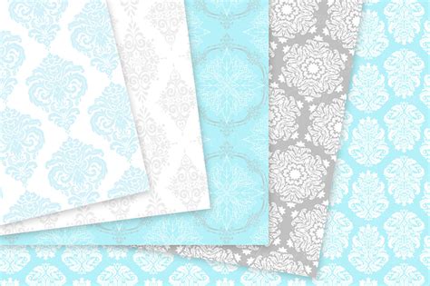 Blue And Grey Damask Patterns Seamless Digital Papers