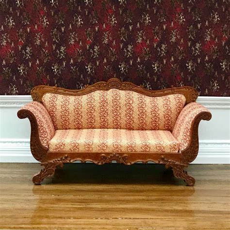 Empire Victorian Sofa In Walnut Finished In Burgundy And Gold Fabric