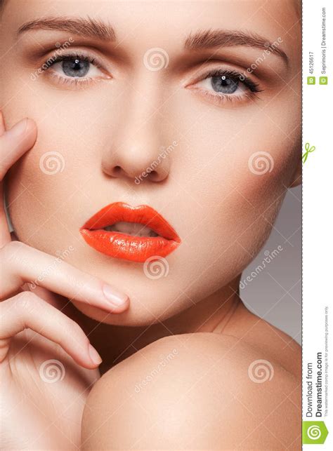 Beautiful Clean Model Face With Bright Red Lips Make Up