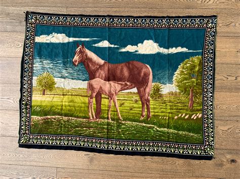 Vintage Horse Tapestry Wall Hanging 1970s Country Landscape Wild