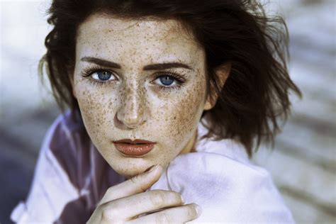 Portrait Women Face Model Freckles Blue Eyes Wallpaper Resolution