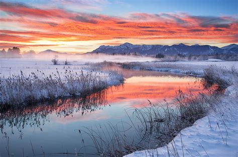 Morning Glow Early Winter Morning Close To The Mountains With