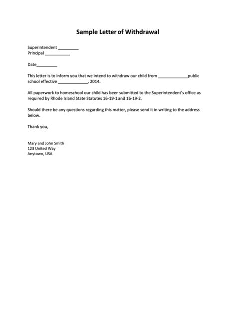 Sample School Withdrawal Letter Template Printable Pdf