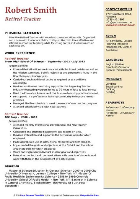 160+ free resume templates for word. Retired Teacher Resume Samples | QwikResume