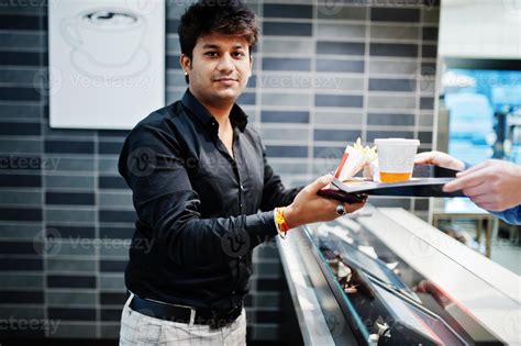 Waiter Cashier Gives Order On Food Tray To Stylish Indian Man 10417870