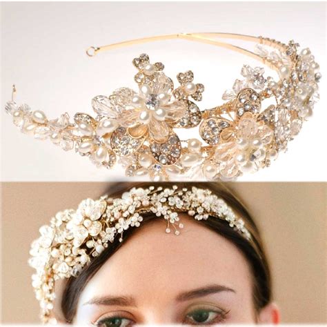 Gold Flower Bridal Wedding Brides Pearl Rhinestone Crystal Tiara