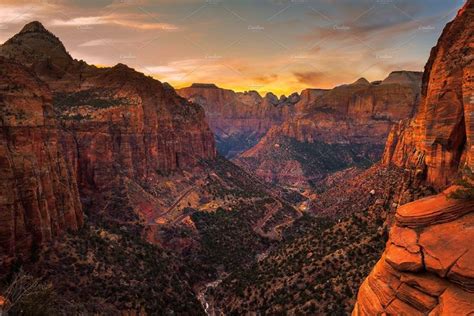 Sunset Over Zion National Park Utah Stock Photo Containing Canyon