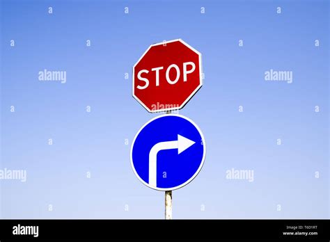 The Road Sign Is Stop Sign Turn Right Stock Photo Alamy