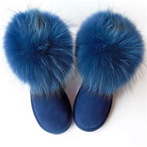 Gandzaco Luxury Natural Dark Blue Fox Fur Snow Boots Cow Suede Genuine