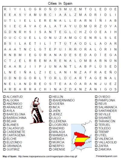Cities In Spain Free Printable Word Search Puzzle And Answer