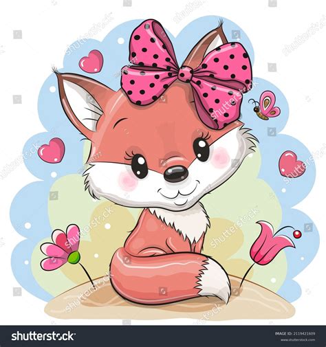 Cute Cartoon Fox Flowers On Blue Stock Vector Royalty Free 2119421609