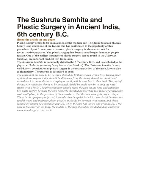 The Sushruta Samhita And Plastic Surgery In Ancient India 6th Century B C Pdf Plastic