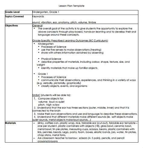 Free 8 Sample Kindergarten Lesson Plan Templates In Pdf Ms Word