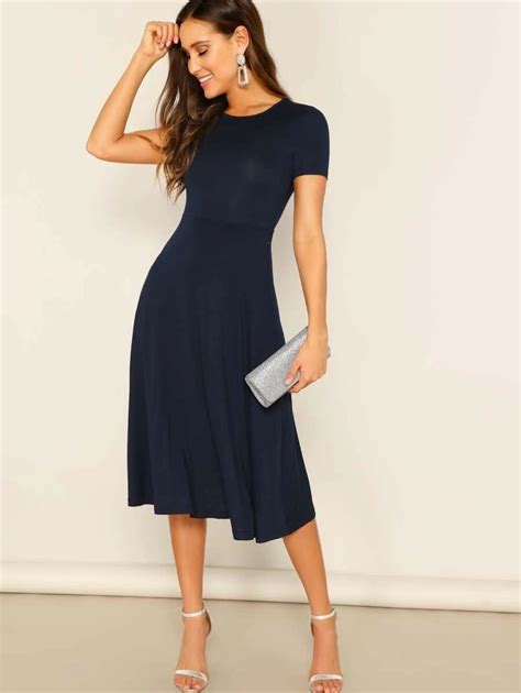 Over The Knee Dress In Navy Flare Dress Fit Flare Dress Fit And