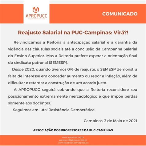 COMUNICADO Reajuste Salarial na PUC Campinas Virá Apropucc