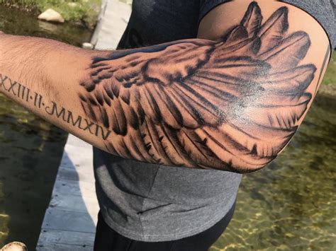 Angel Wings Mens Arm Forearm Elbow Tattoo Ideas Black And Grey Amazing