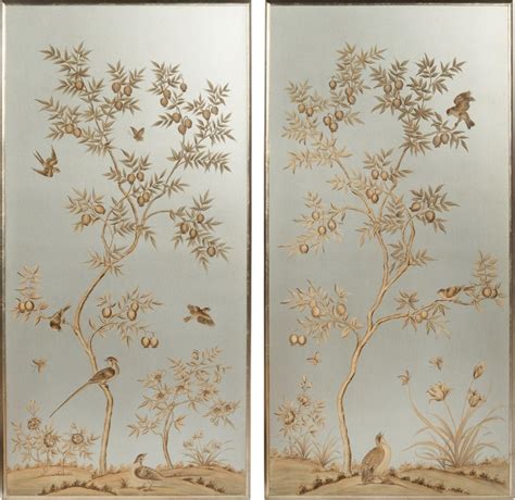 Chinoiserie Hand Painted Wallpaper Panels Framed Gold Silver Metallic