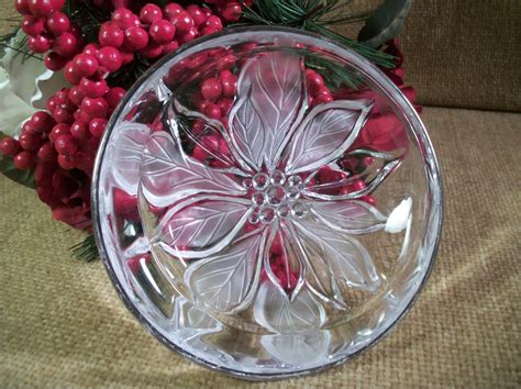 Mikasa Glass Dish Poinsettia Flower Clear And Frosted Glass Vintage Christmas Winter Holiday
