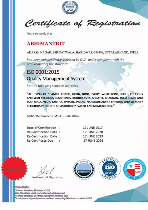 Iso 90012015 Registration Certificate Abhimantrit