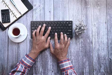Top View Of Man Hand Typing Keyboard On Office Desk Stock Photo Image