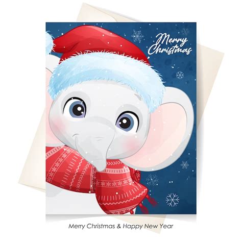 Lindo Elefante Para Navidad Con Ilustración Acuarela Vector Premium